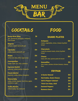 Cocktails Bar Menu Design