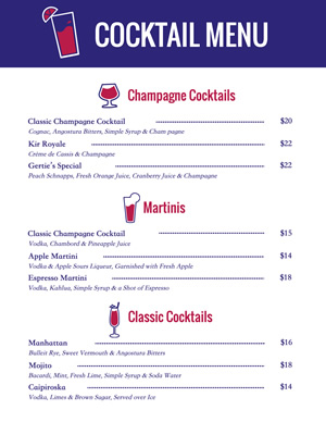 Champagne Cocktail Menu Design